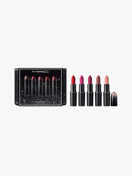 MAC Signature Satin Lipstick Set in multiple branded components on a light gray background