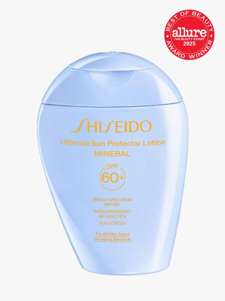Shiseido Ultimate Sun Protector Lotion Mineral SPF 60+ in branded component with best of beauty 2025 seal in the top right corner