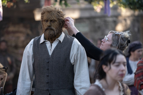 alexander Skarskgard on set as the Wicker Husband having his fiber wig touched up by makeup designer Sarah Rubano.